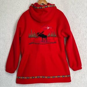 Cabelas Women Vintage Fleece Jacket Large Red Moose Hooded Full Zip Lined Parka